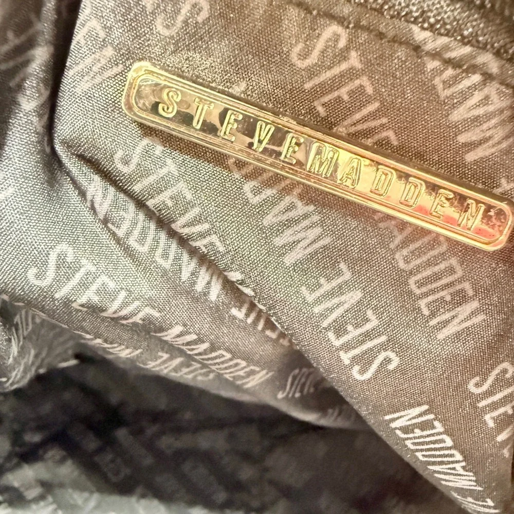 Steve Madden Black Pebbled Leather Mini Backpack Logo Embossed Gold Hardware